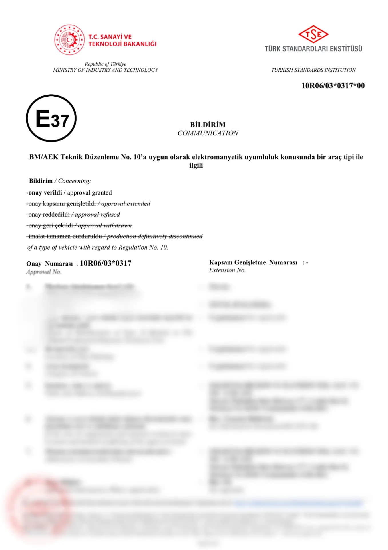 E37 Onay Belgesi